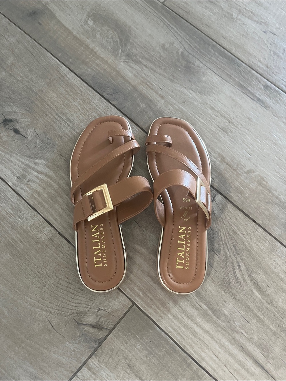 Italian Shoemakers Tan Leather Slide Sandals with Gold Buckle